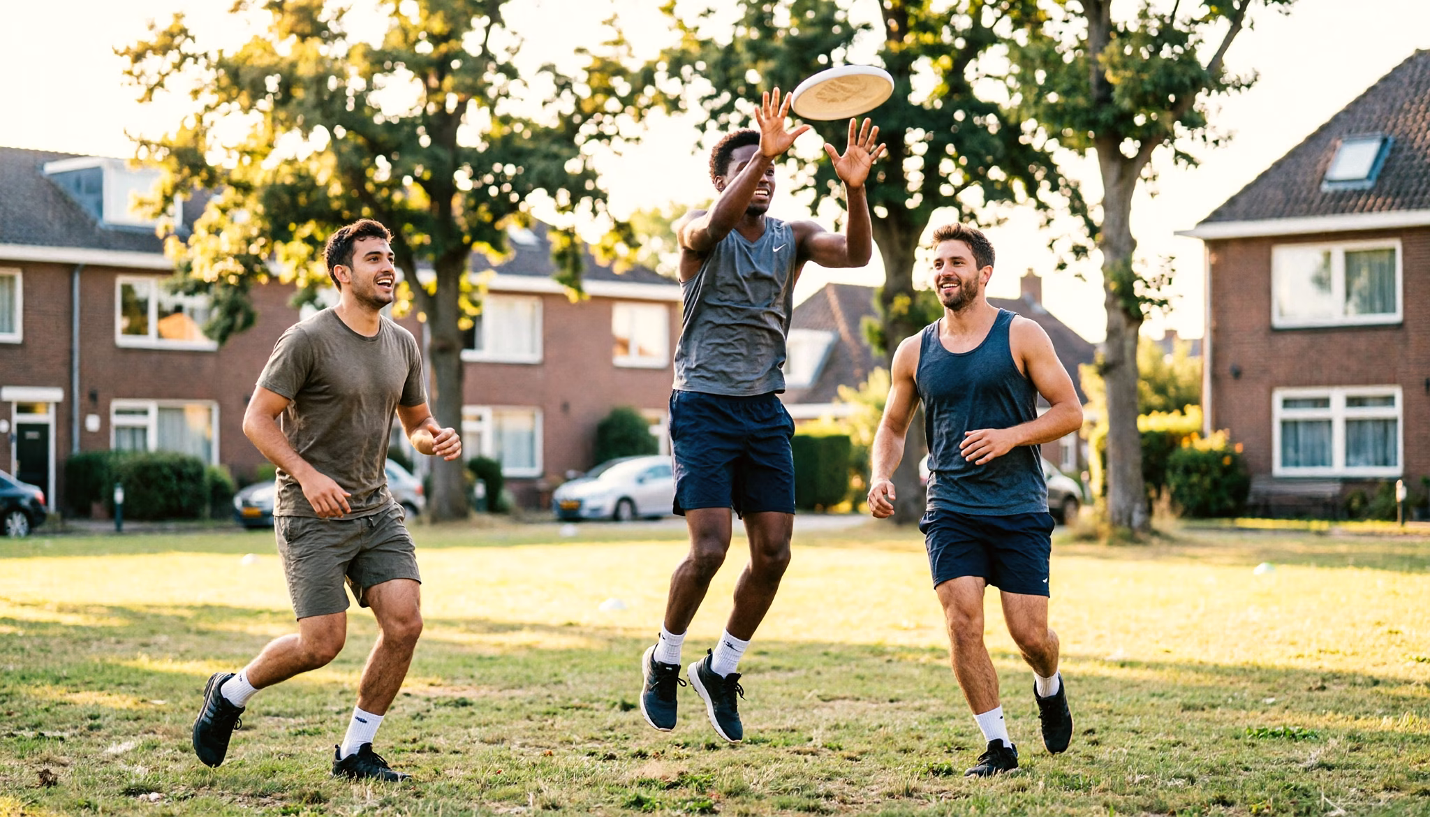Three friends in their late twenties, of diverse backgrounds, play a lively game of ultimate frisbee on a grassy Dutch park, one leaping to catch the disc, warm golden-hour light behind them