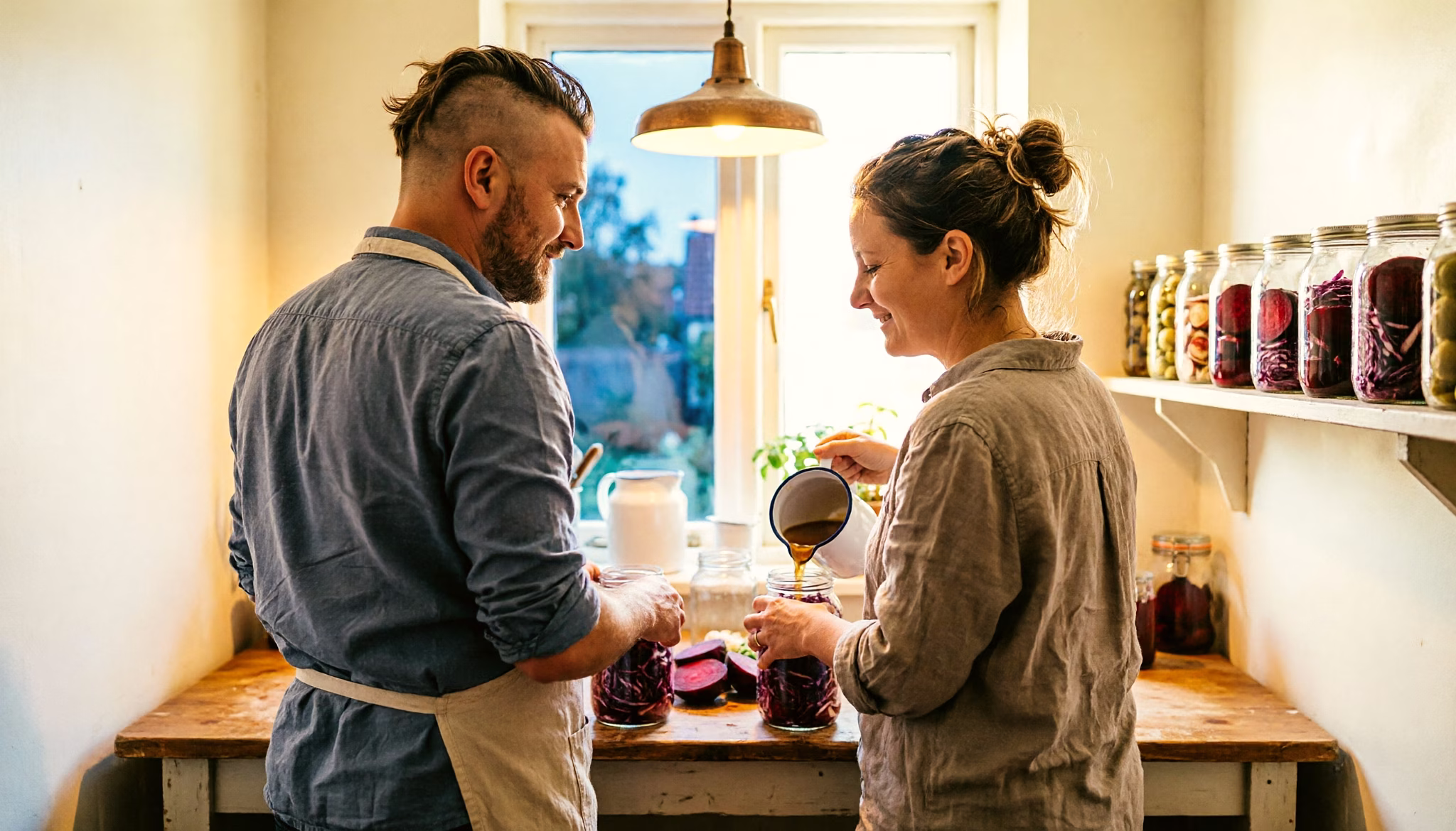 Two housemates seen from behind fill glass jars with sliced red cabbage and beetroot in brine on an autumn evening