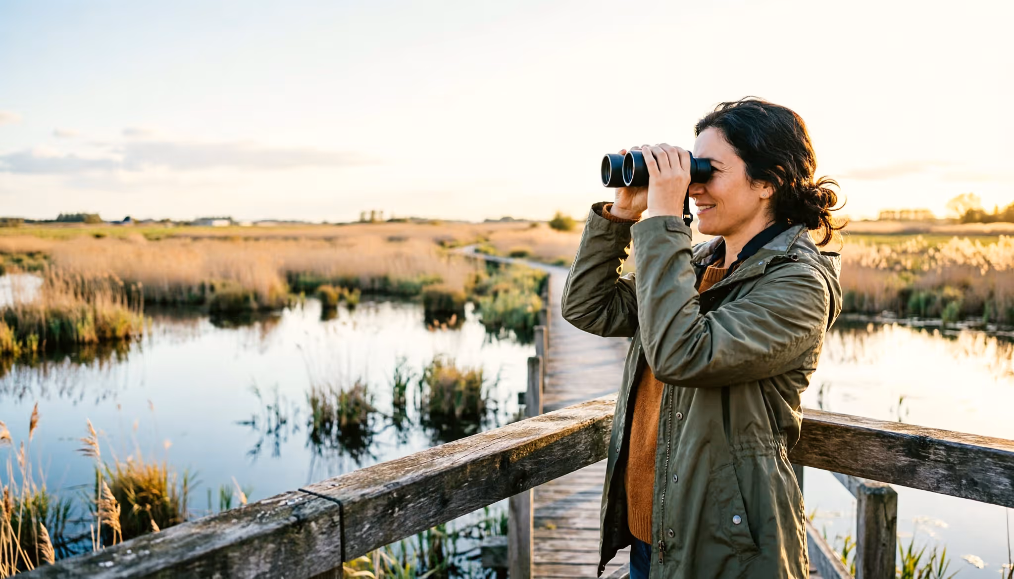 A woman watches birds with binoculars from a boardwalk in a Dutch wetland reserve