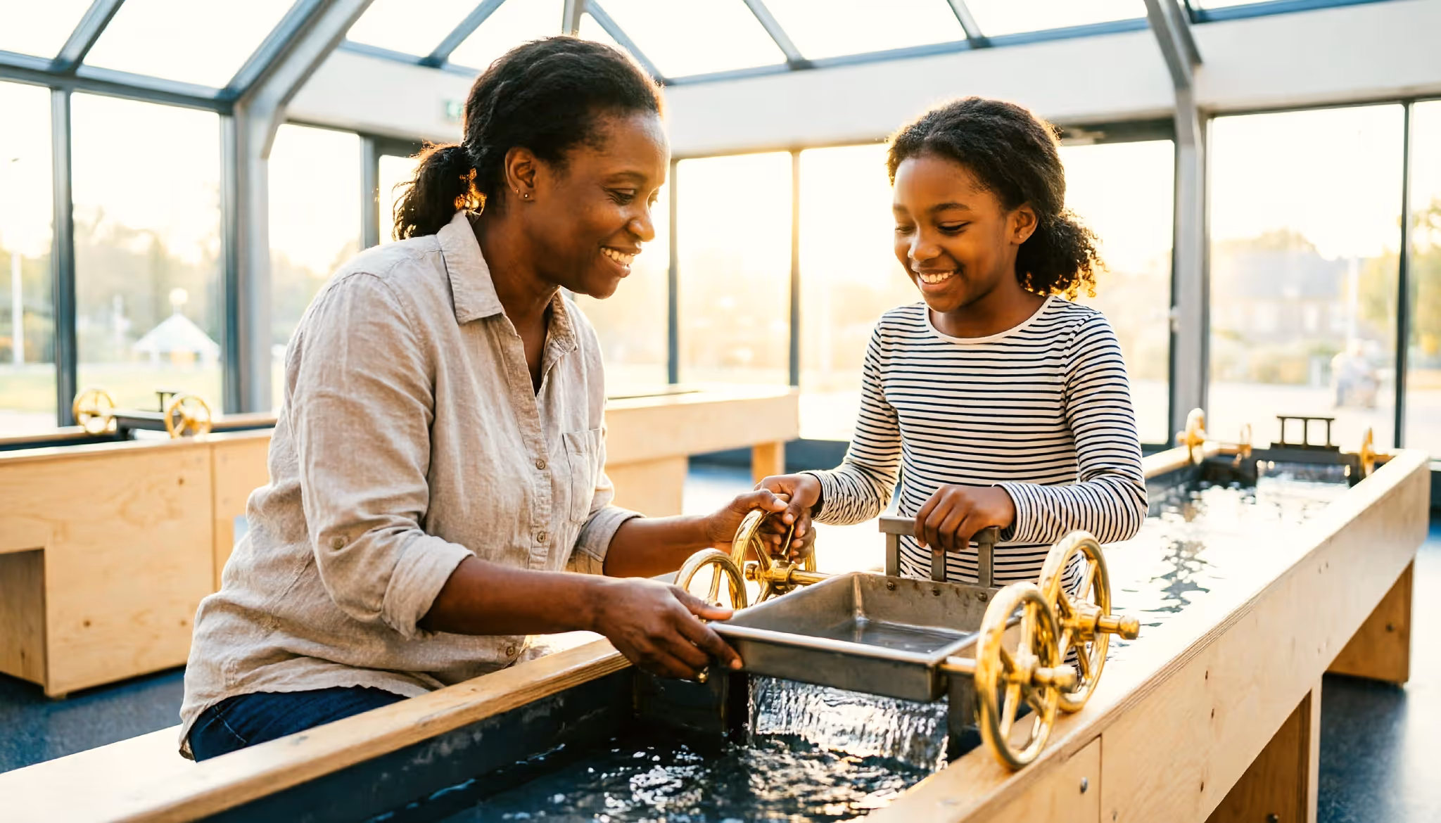 A mother and her teenage daughter turn the wheels of a hands-on water exhibit at a Dutch science centre