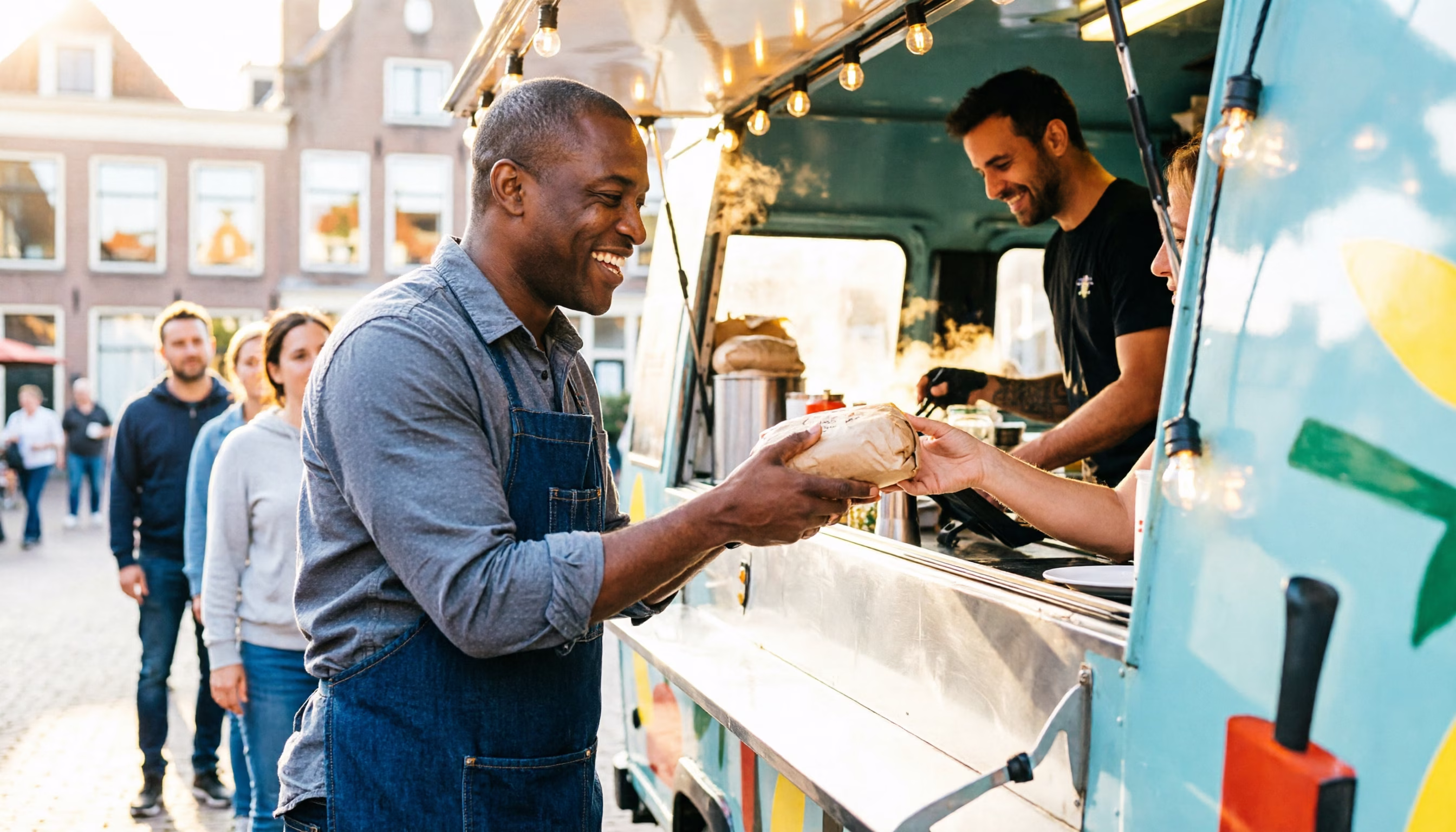 Een foodtruck-eigenaar geeft een klant een lunchbestelling aan tijdens de middagdrukte op een Nederlands plein