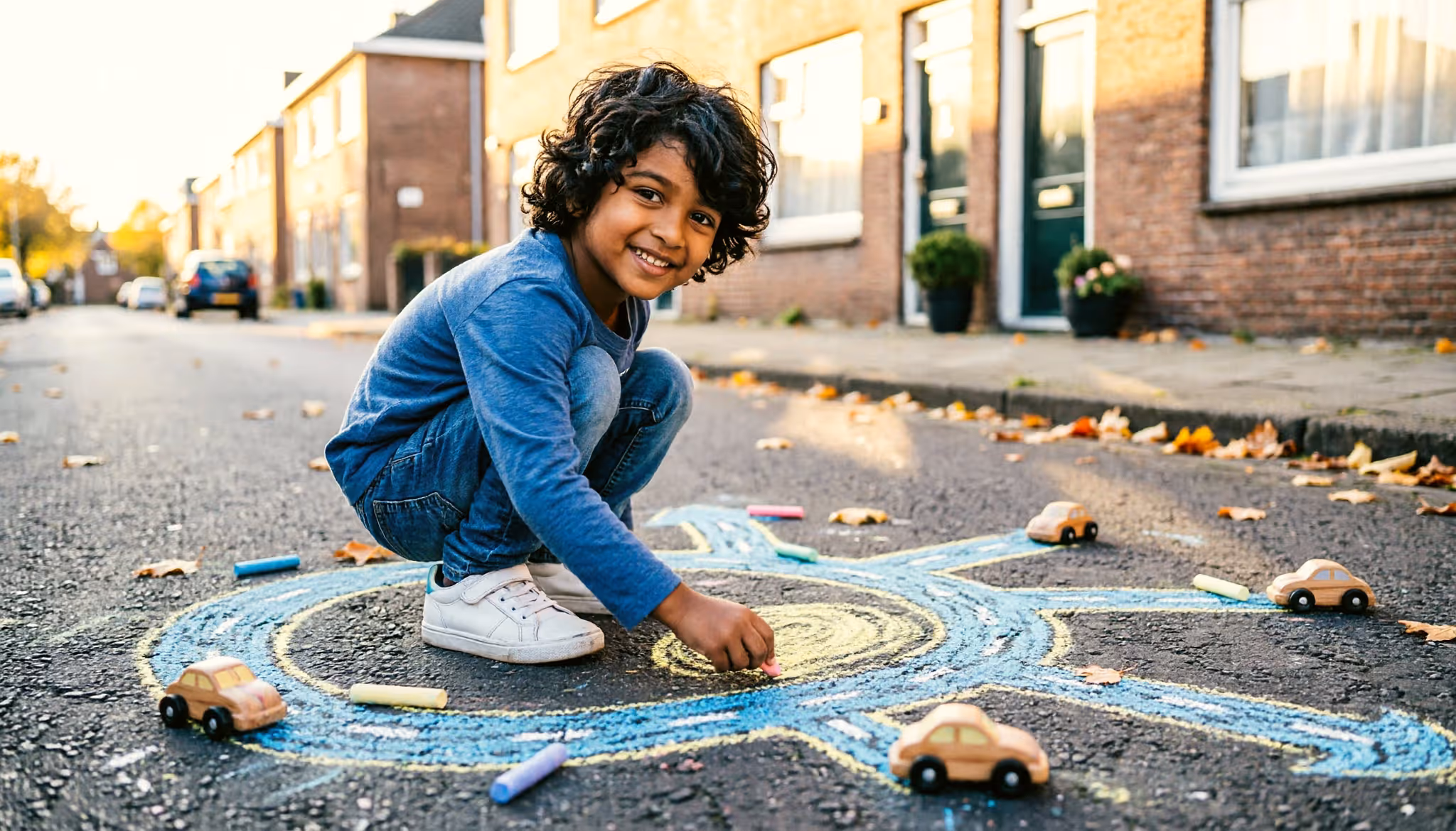 A father and daughter play hopscotch on the street outside their Dutch brick townhouse