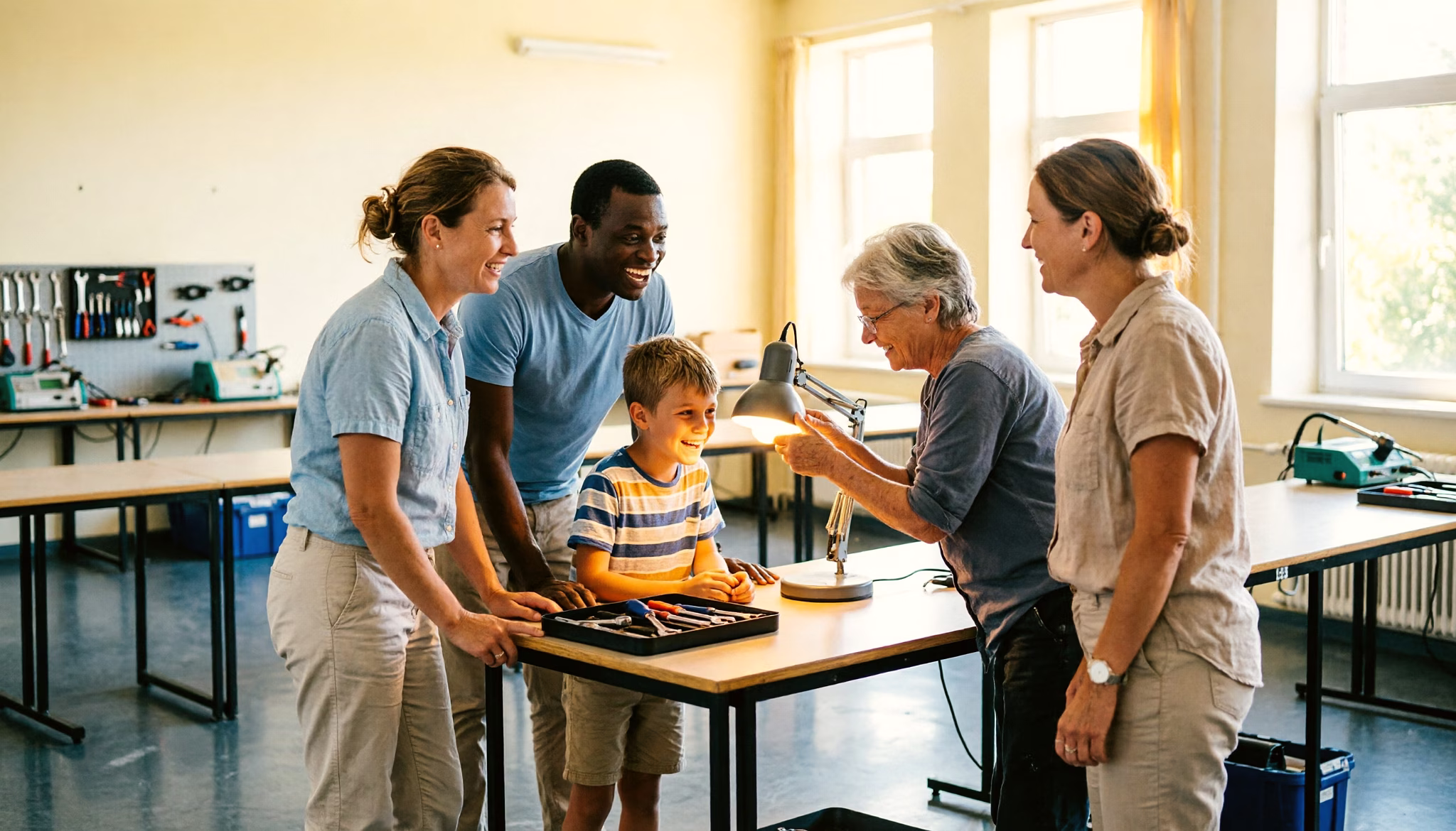 A family of three watch a repair-cafe volunteer switch on the reading lamp they brought in broken, in a sunlit Dutch community hall