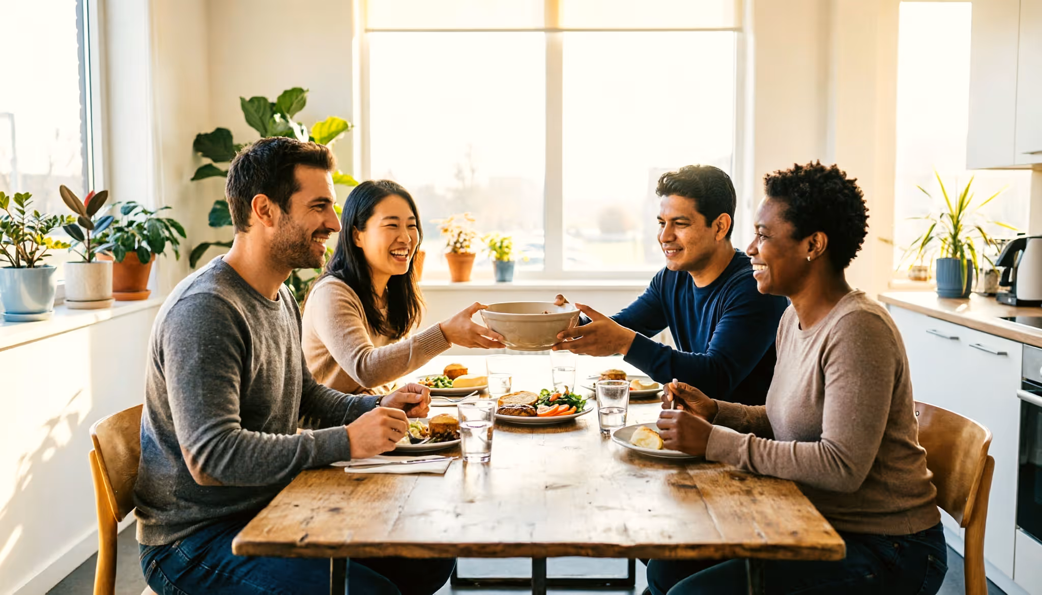 Colleagues share a relaxed team lunch around a communal table in a bright Dutch office kitchen