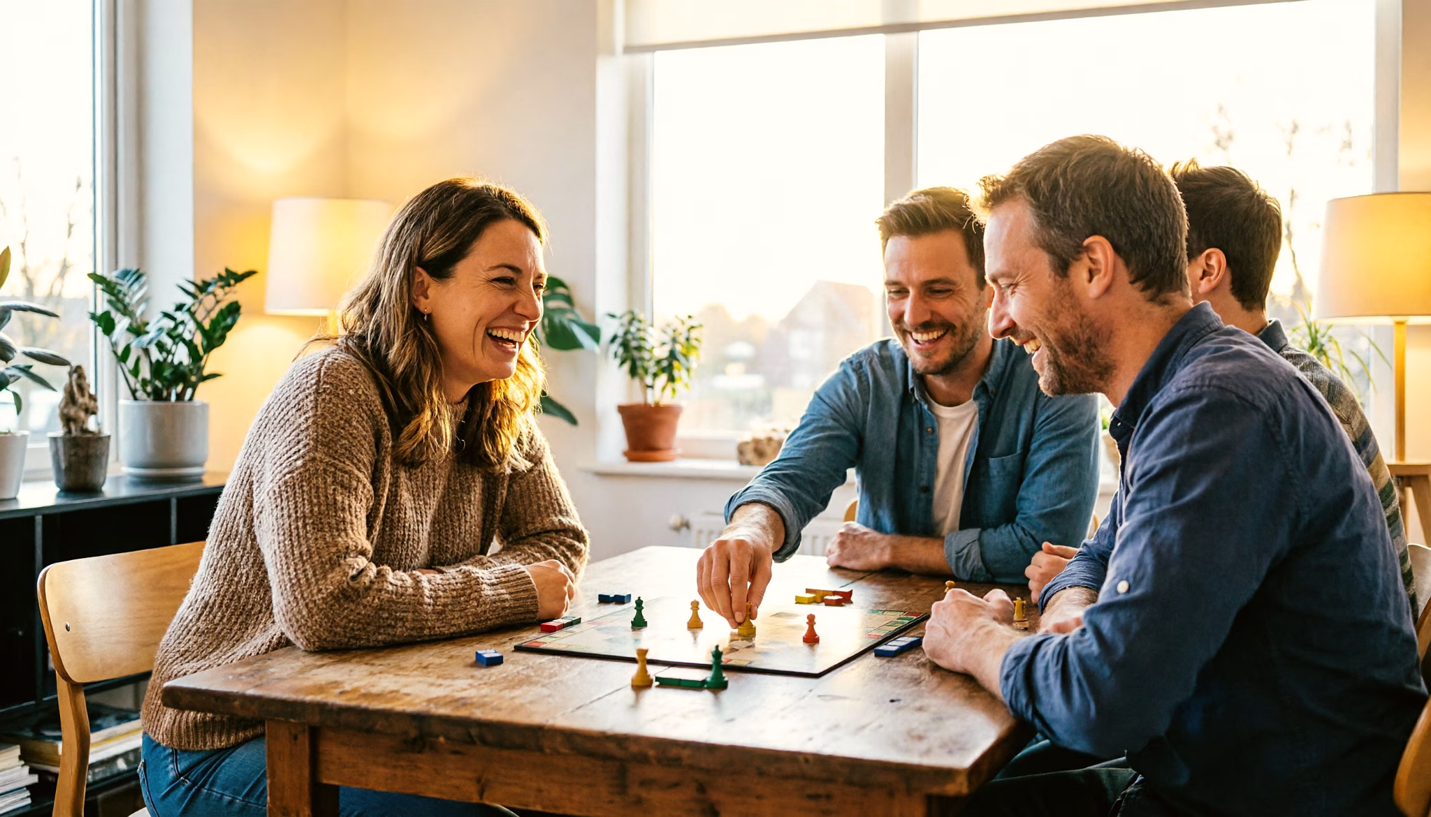 Een stel van midden dertig speelt een bordspel met vrienden aan de eettafel van hun nieuwe huis
