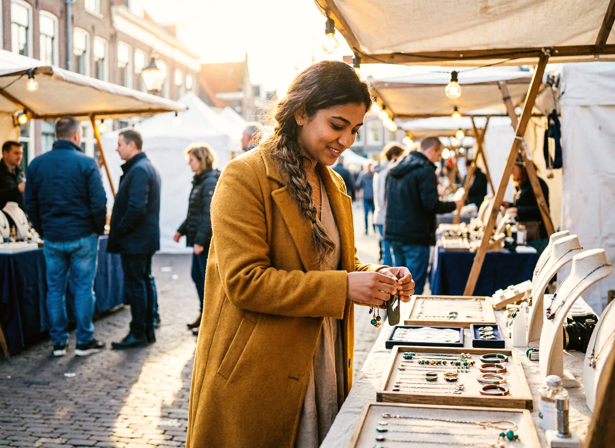 Een jonge sieradenontwerper schikt haar handgemaakte werk op haar kraam op een Nederlandse designmarkt