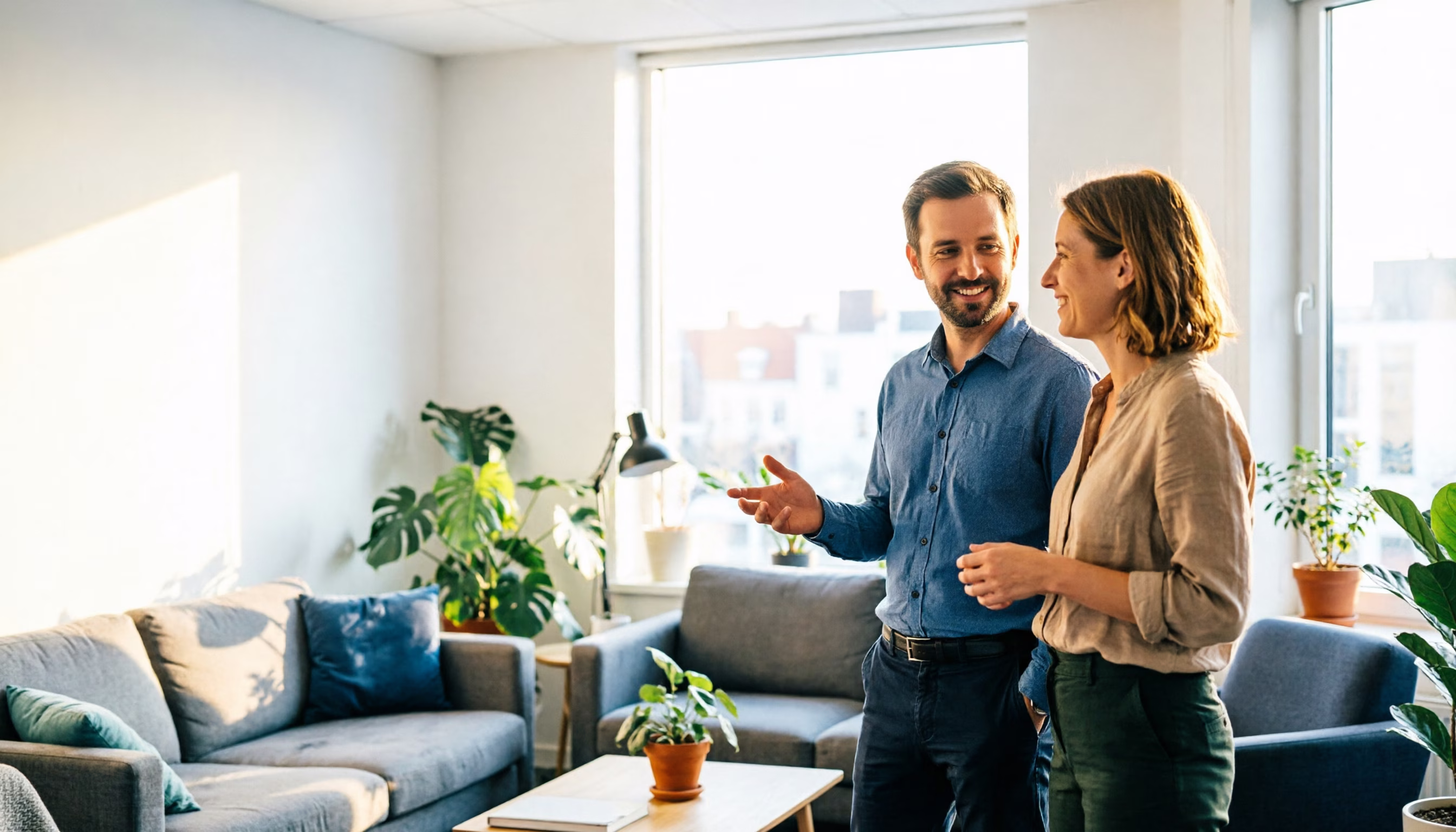 Two colleagues sharing a relaxed, easy conversation in a bright office lounge