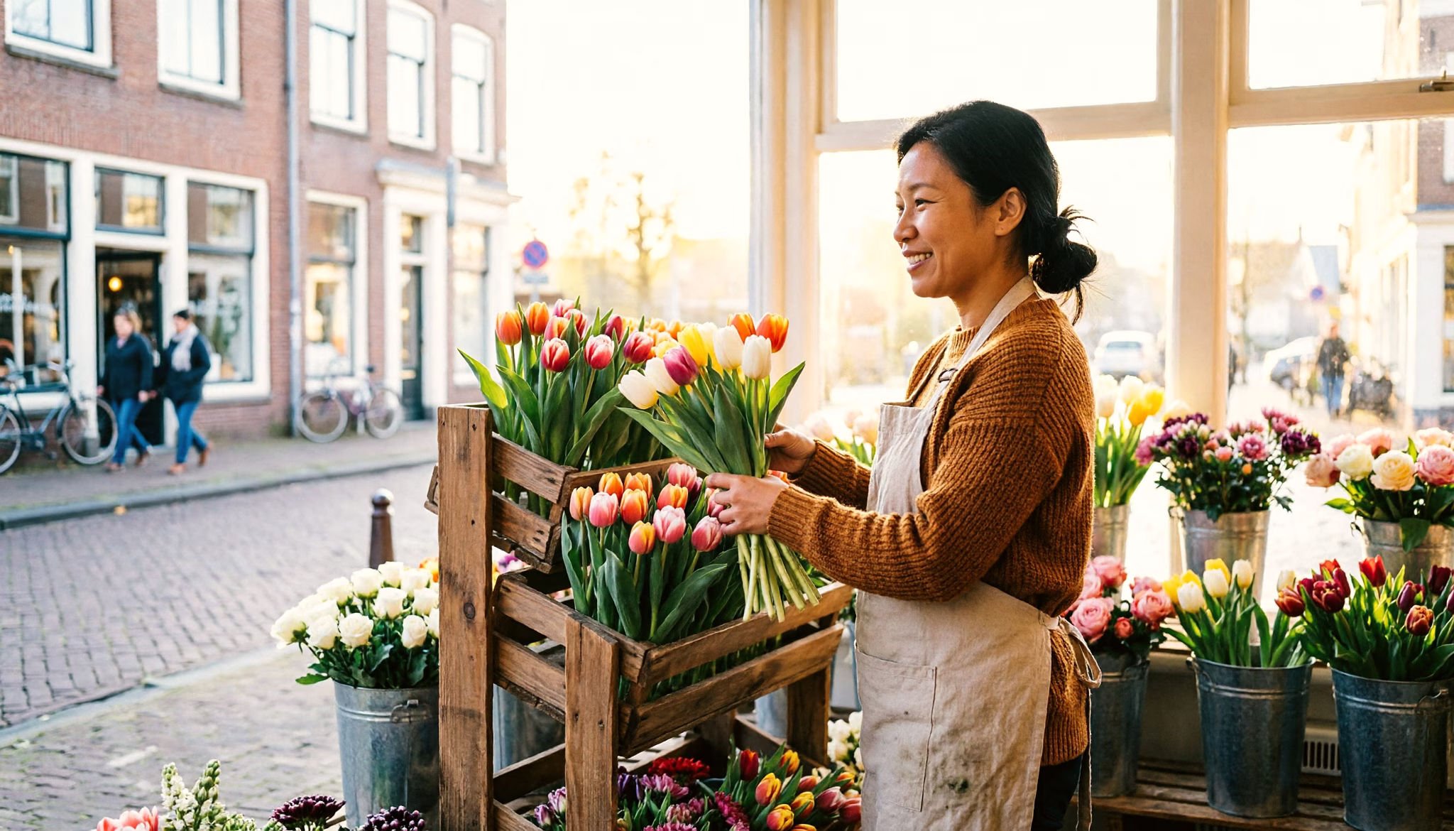 Een bloemist schikt de bloemen voor haar kleine Nederlandse winkel bij het openen, haar belastingaangifte als zzp'er is geregeld