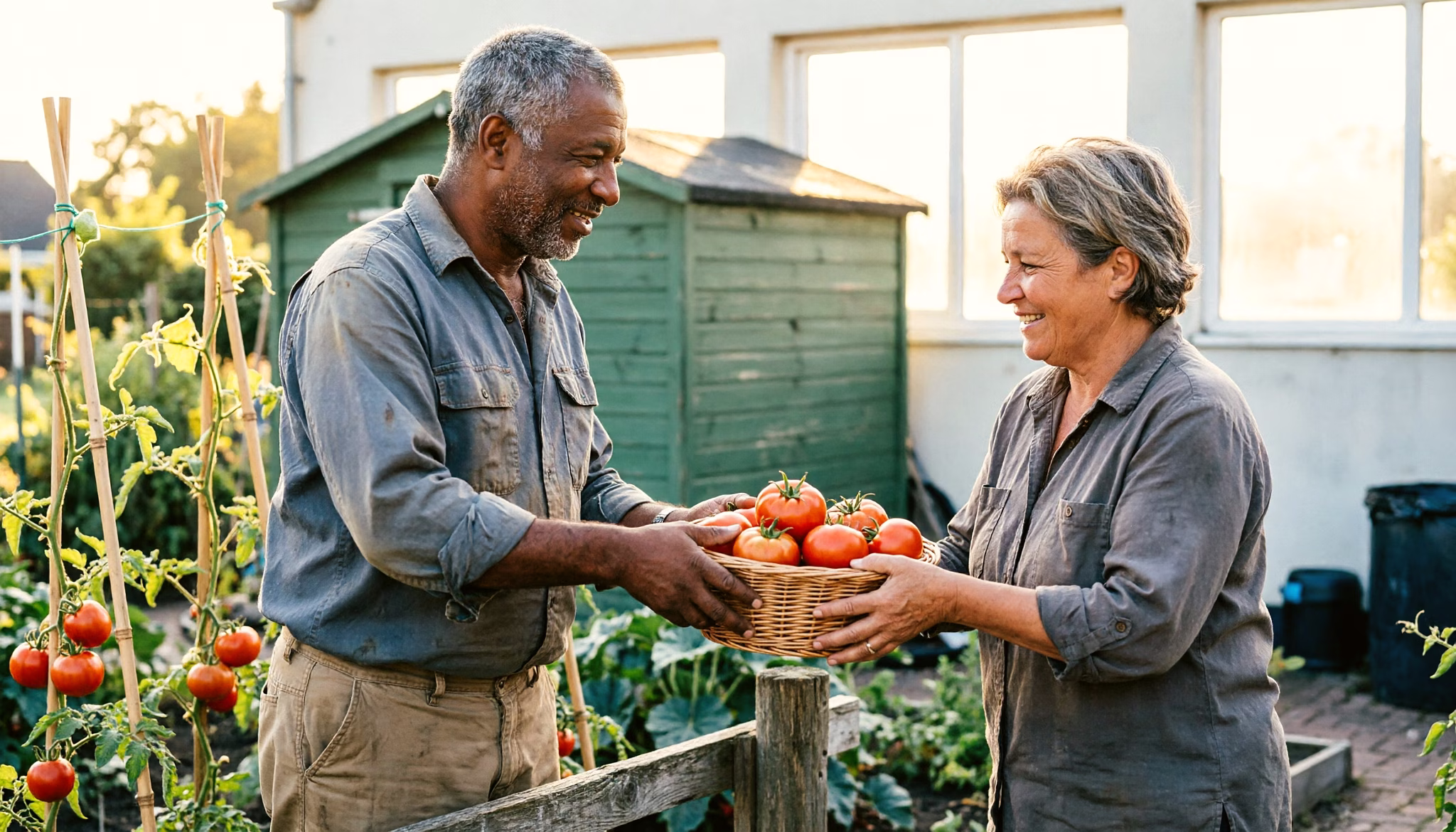 Een man van in de vijftig geeft een mand tomaten over het hek van zijn Nederlandse volkstuin