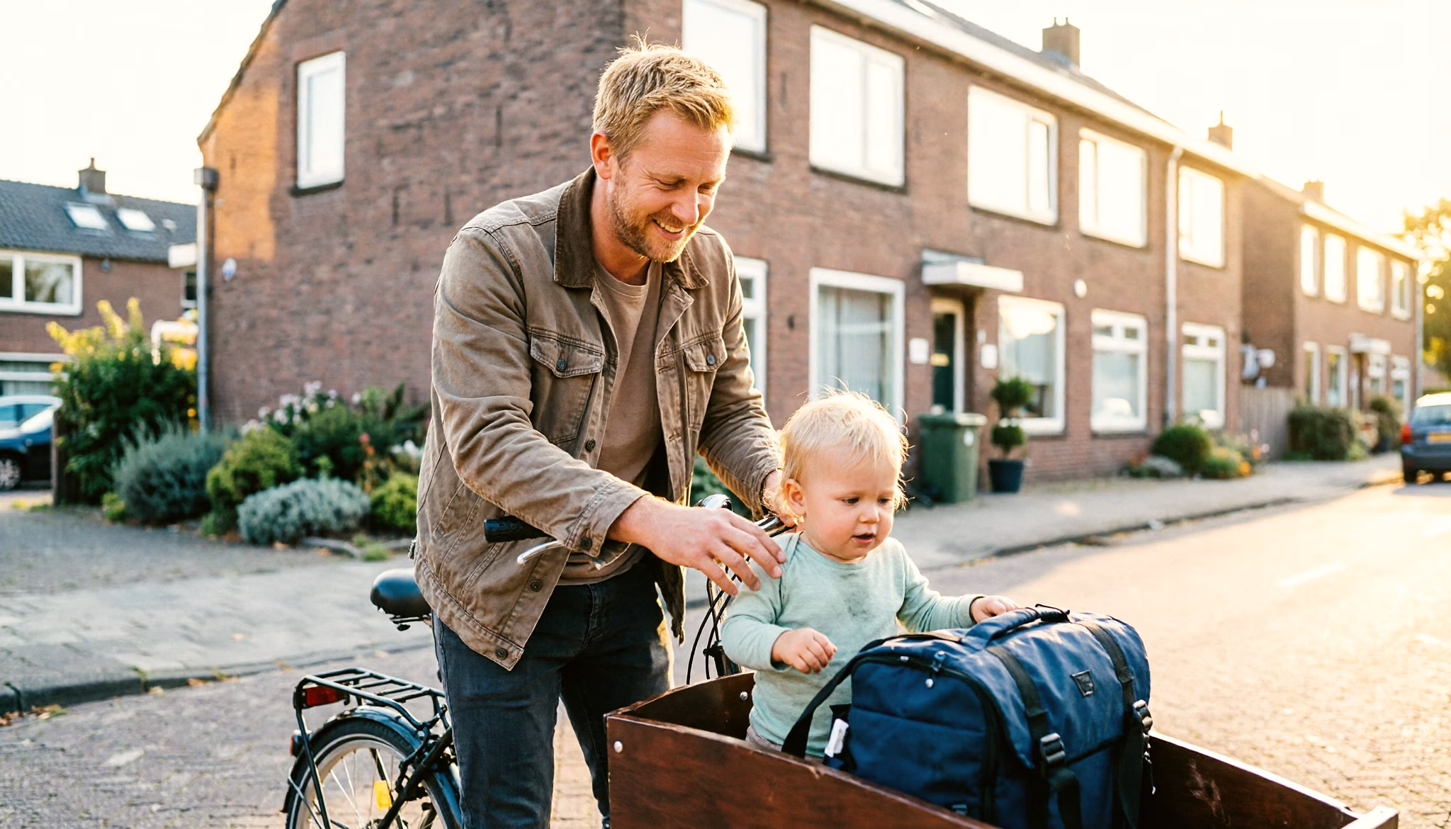 Een vader tilt zijn peuter in een bakfiets voor een Nederlands kinderdagverblijf aan het einde van de middag