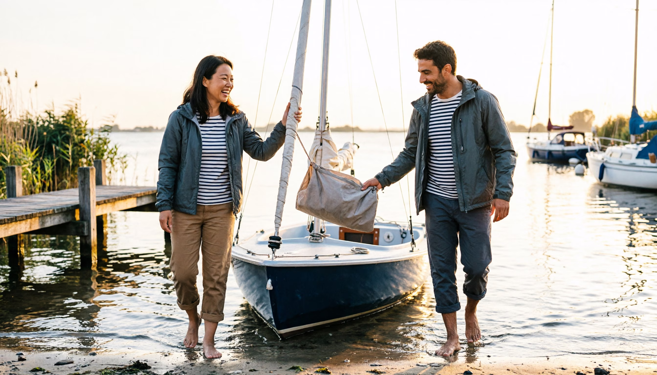 Een stel van eind dertig laat een kleine zeilboot te water vanaf een steiger aan een Nederlands meer