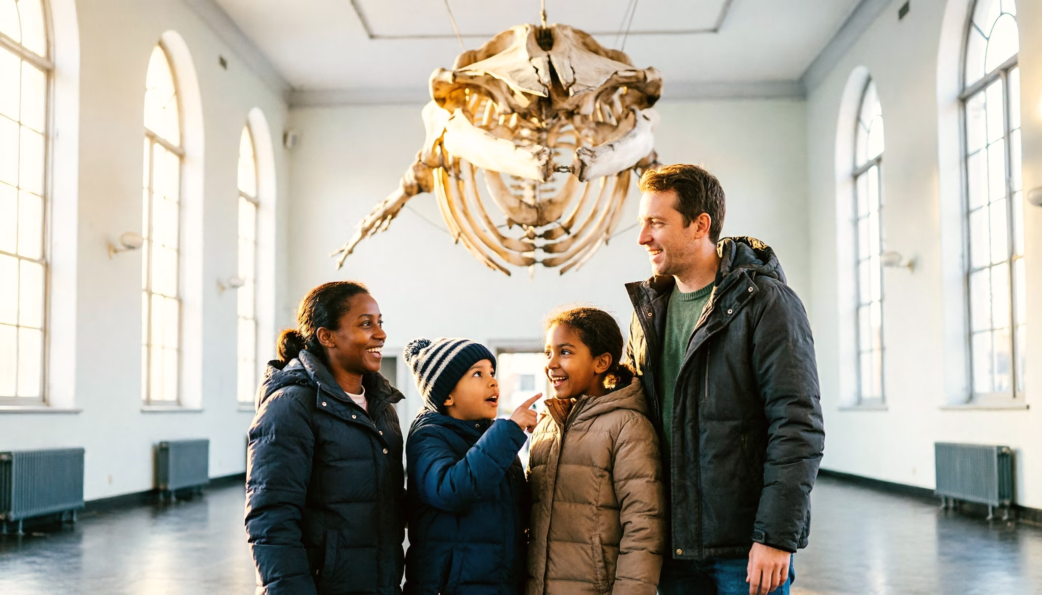 A family looks up at a whale skeleton in the tall hall of a town museum on a winter morning, first light slanting in through the high windows
