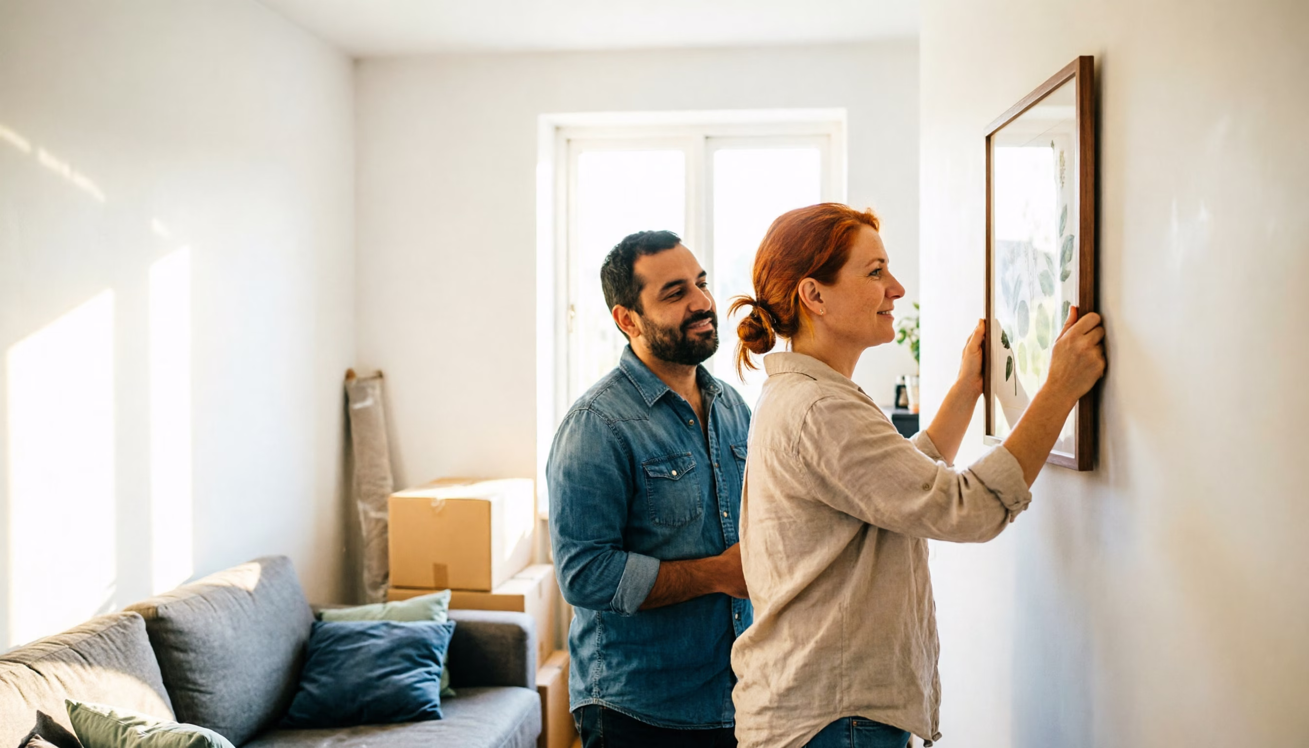 A couple hangs a large framed print in their living room on a spring evening, one holding it level while the other steps back to judge it