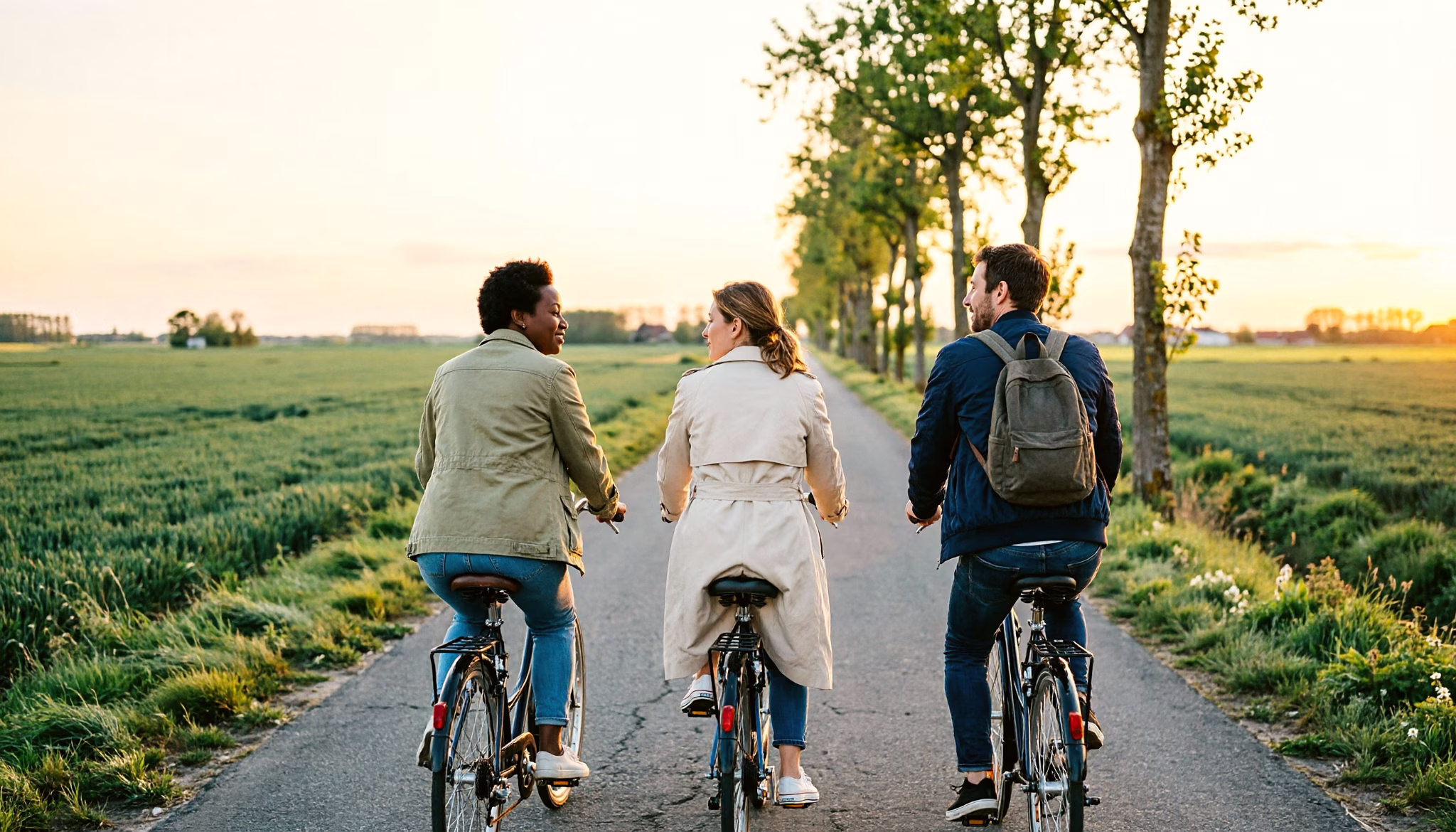 Three friends ride their bikes side by side along a quiet country road at dusk on a spring evening